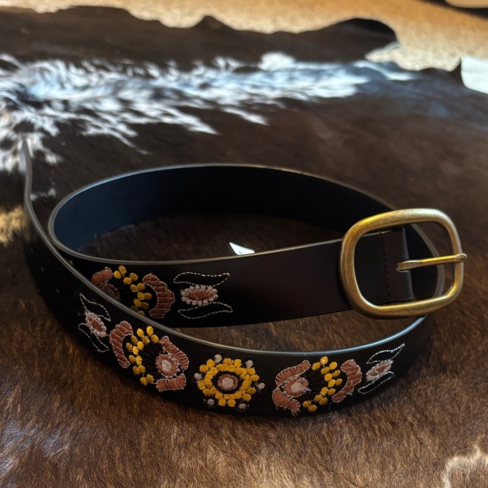 Lucky Brand Black Belt with Gold Buckle and Embroidery